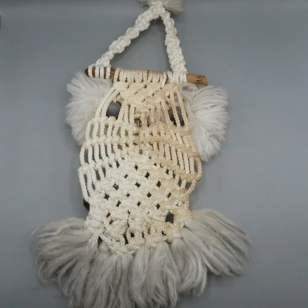 Handmade Macrame White Owl on Wood Branch Wall Hanging 21 inches